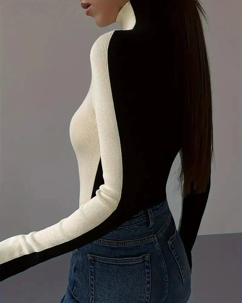 Pull Col Roulé Bicolore En Maglia