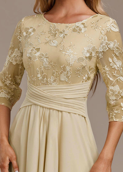 Karla™ | Abito con Ricamo Champagne a Maniche 3/4 e Collo Rotondo 