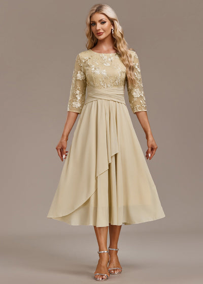 Karla™ | Abito con Ricamo Champagne a Maniche 3/4 e Collo Rotondo 
