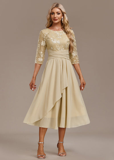 Karla™ | Abito con Ricamo Champagne a Maniche 3/4 e Collo Rotondo 