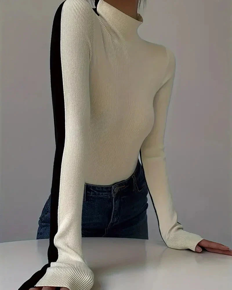 Pull Col Roulé Bicolore En Maglia