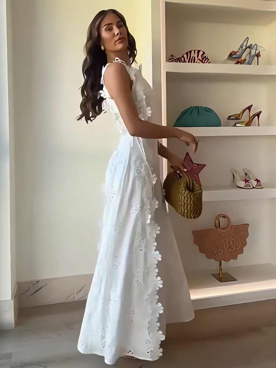 Éliora – Robe longue à bretelles en dentelle florale 