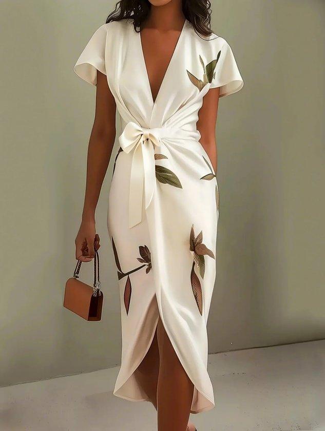 Robe fourreau mi-longue en satin à manches courtes et motif feuille blanche