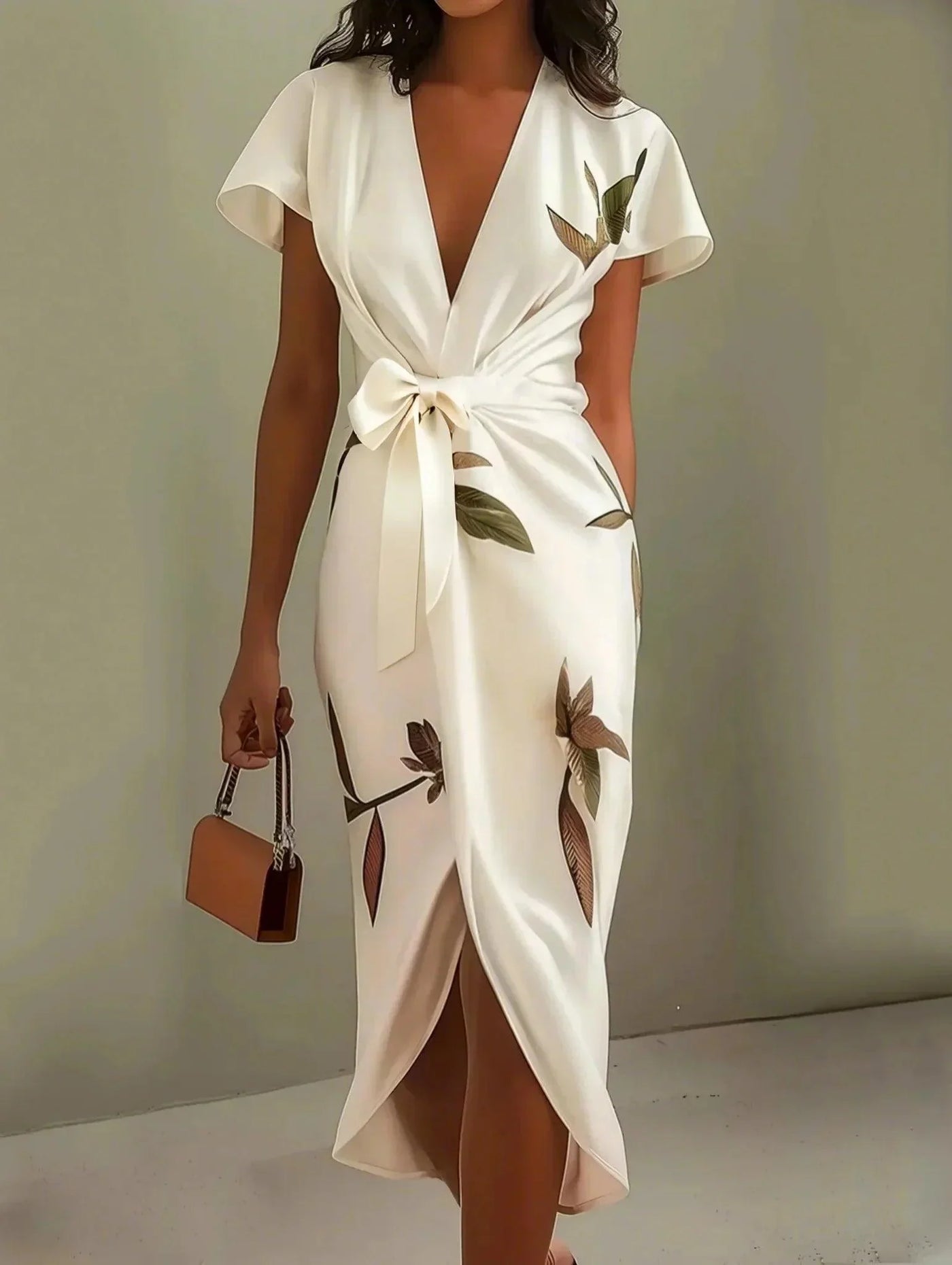 Robe fourreau mi-longue en satin à manches courtes et motif feuille blanche