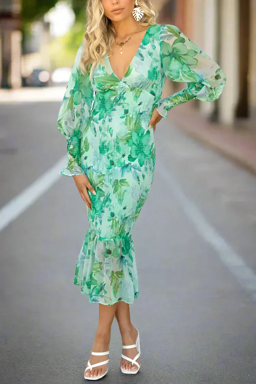 Melissa - Robe mi-longue à volants fleuris