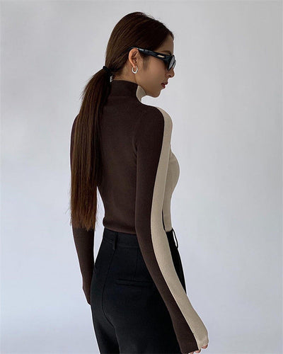 Pull Col Roulé Bicolore En Maglia