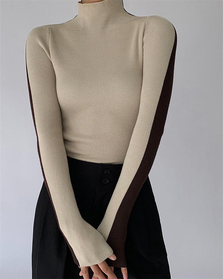 Pull Col Roulé Bicolore En Maglia