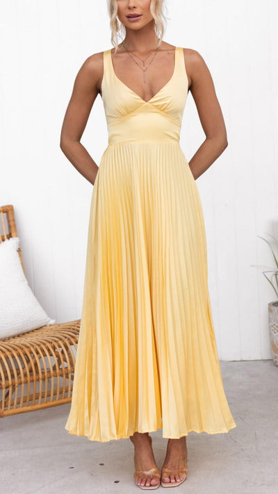 Eline | Robe longue élégante à col en V et jupe plissée