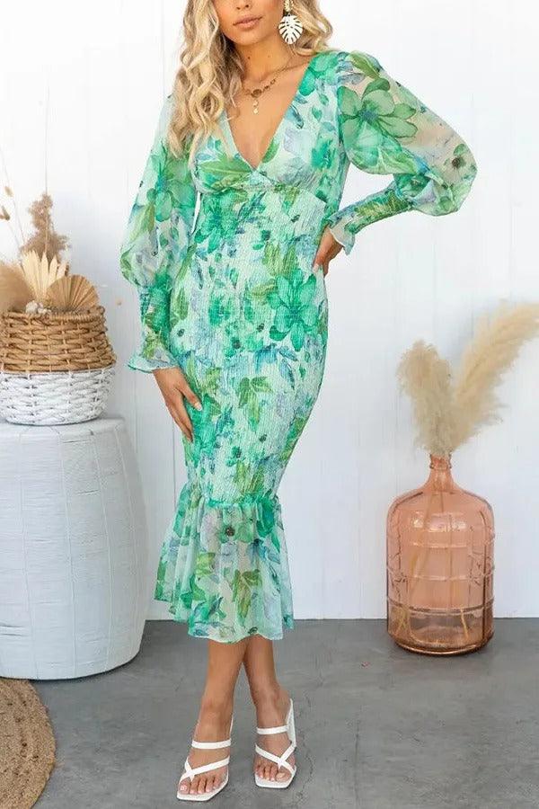Melissa - Robe mi-longue à volants fleuris