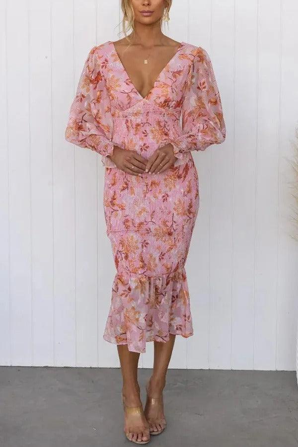 Melissa - Robe mi-longue à volants fleuris