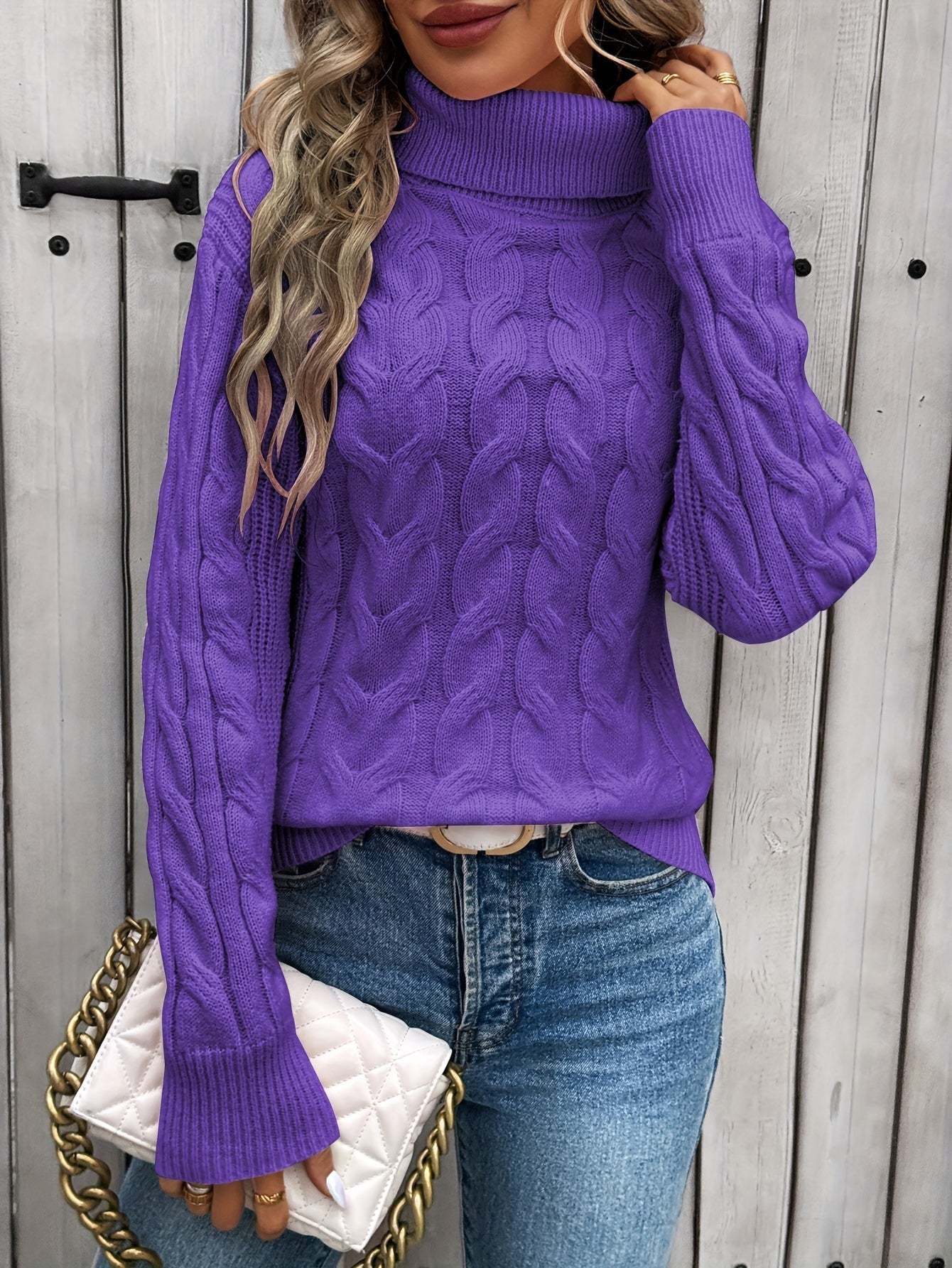 Maglione Elegante à Collo Alto à Maglia Testurizzata