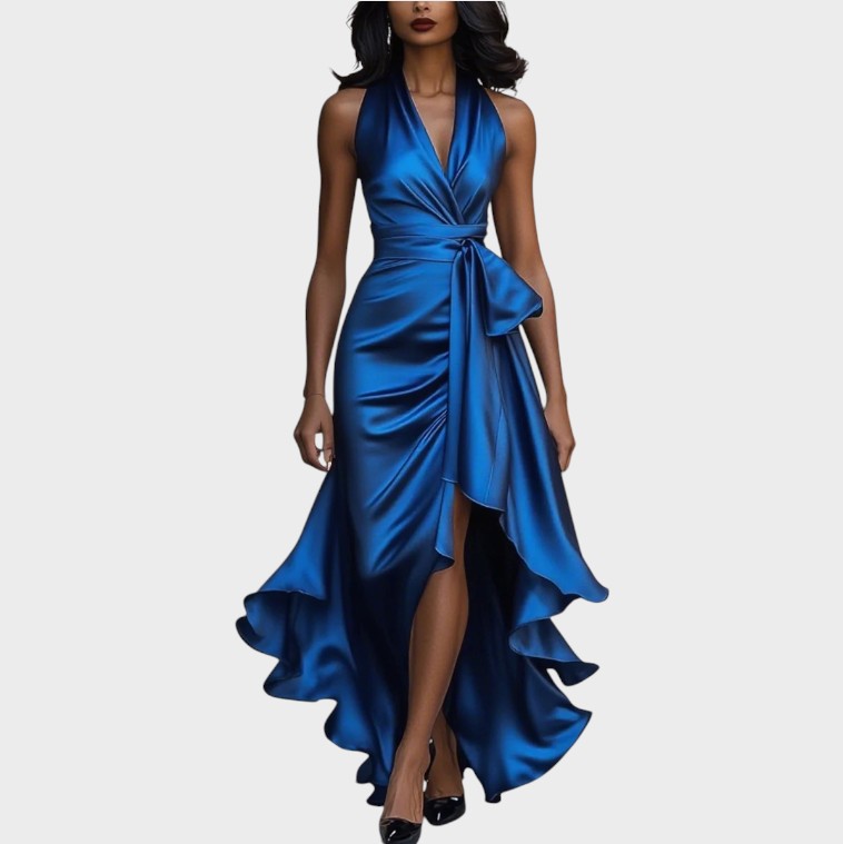 Lina | Robe en raso élégant de mezzanotte avec col à licou et volant